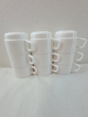 Stackable 9 pcs ARCOPAL France White Milk Glass Restaurant Coffee Cups Mugs
